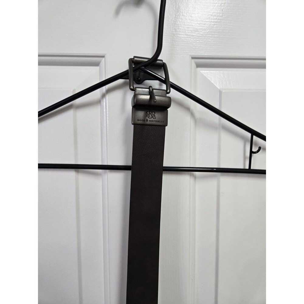 Rock & Republic Men’s Leather Belt Reversible Gunmetal Logo Buckle Size Small